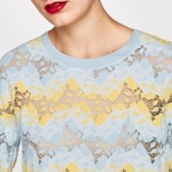 ZARA Womens Powder Blue Spring Yellow Lace Blouse NWT - Picture 1 of 5